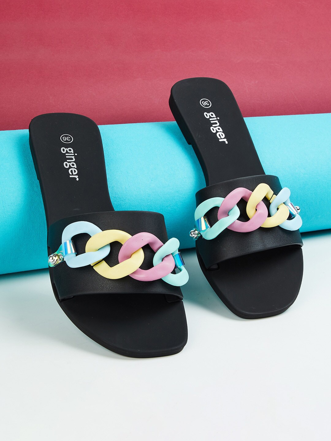 

Ginger by Lifestyle Women Black EVA Rubber Sliders With Colorful Chain Detail