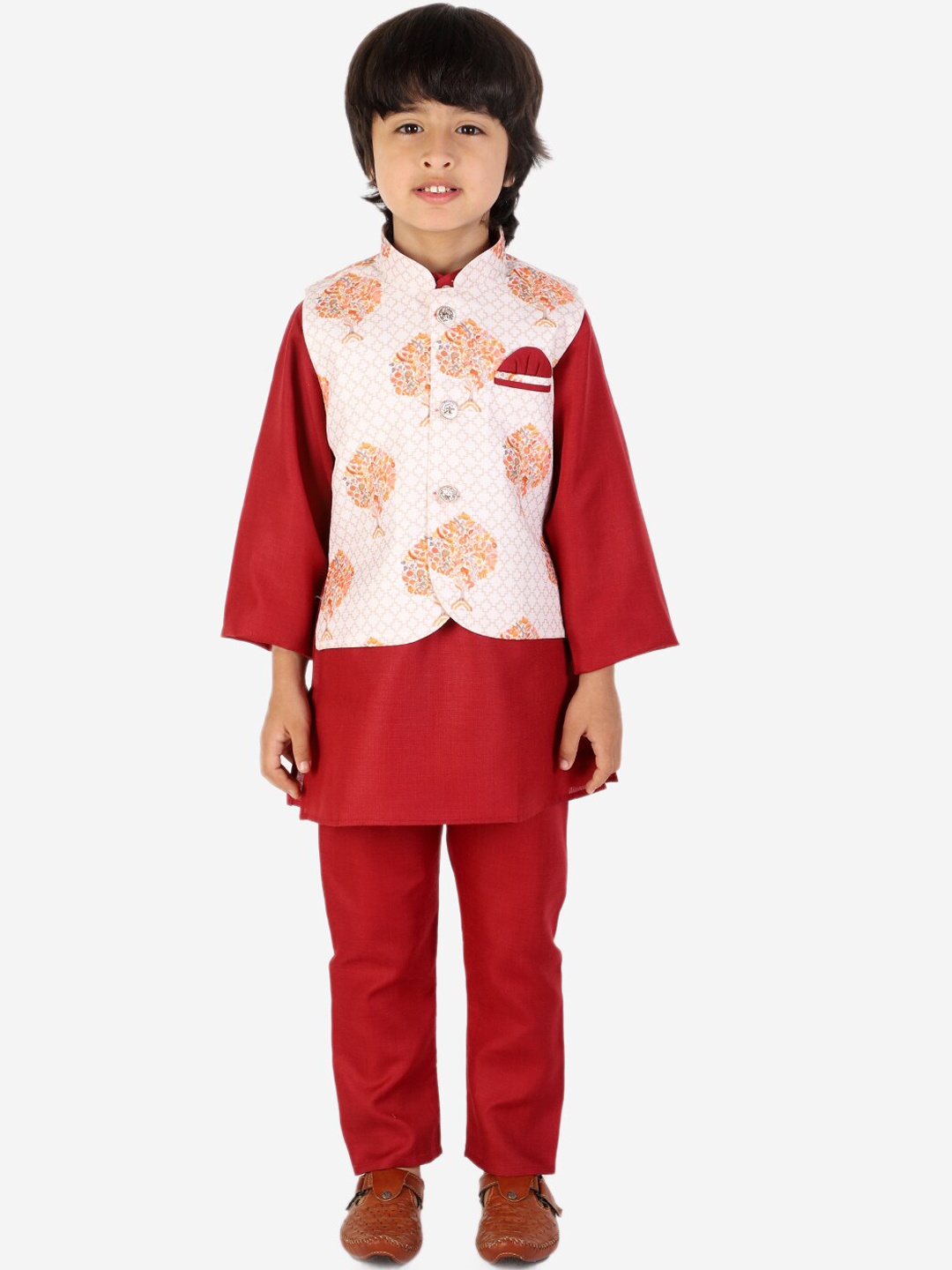 

Superminis Boys Red Kurta Pyjama With Printed Fancy White Base Jacket