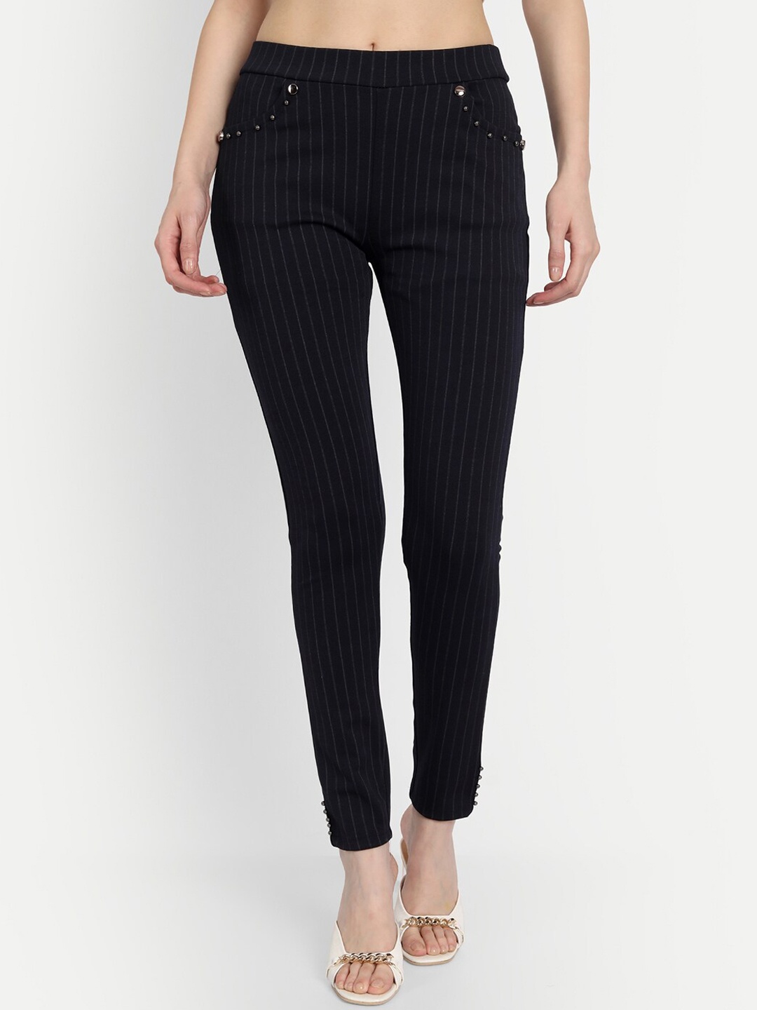 

Wicked Stitch Women Blue Striped Skinny Fit Cigarette Trousers