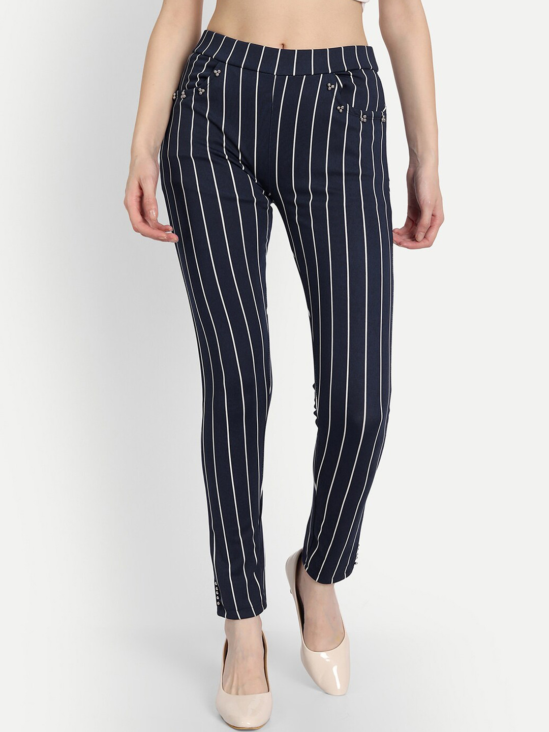 

Wicked Stitch Women Blue Striped Skinny Fit Non Iron Trousers