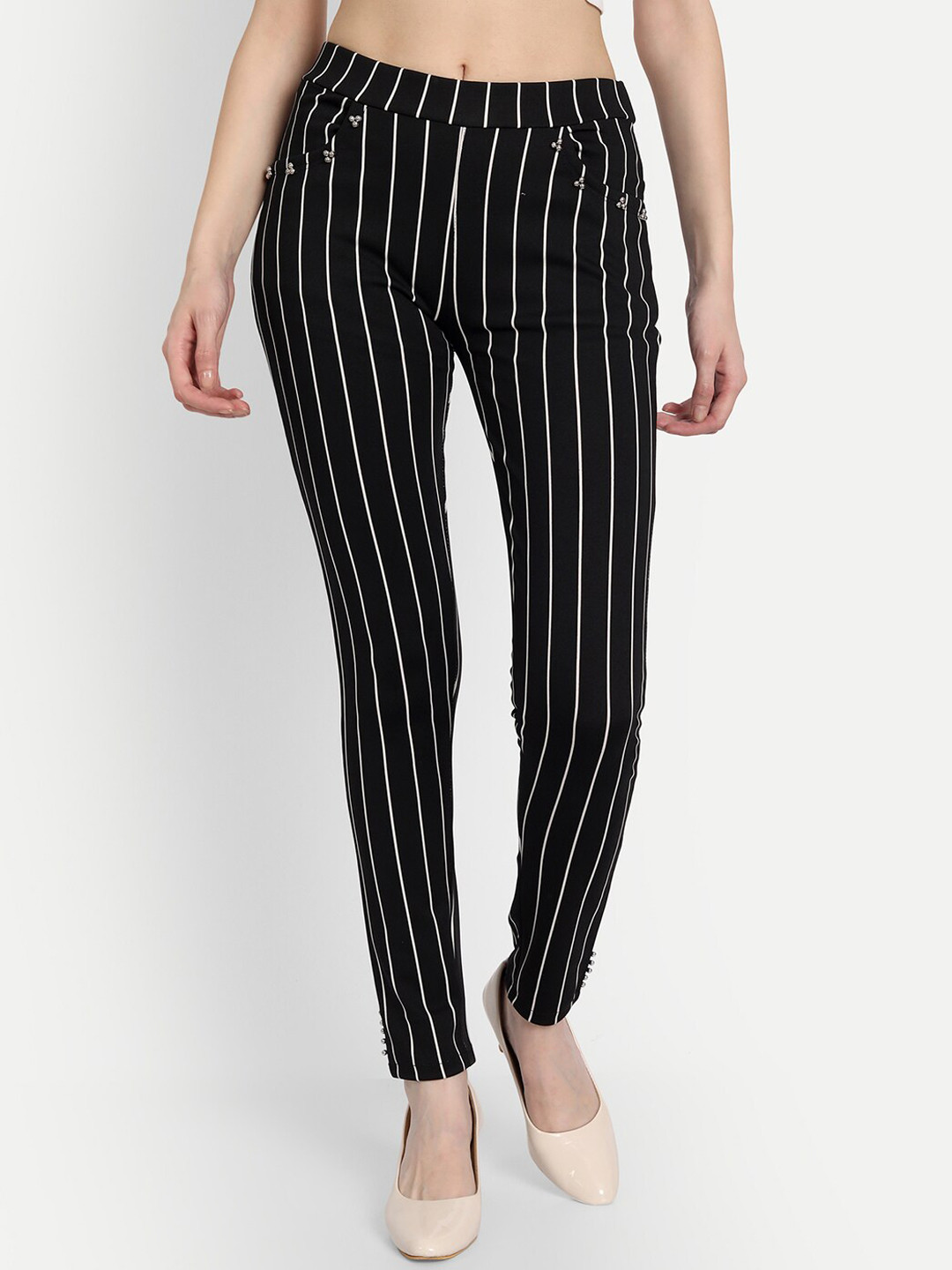 

Wicked Stitch Women Black Striped Skinny Fit Non Iron Trousers