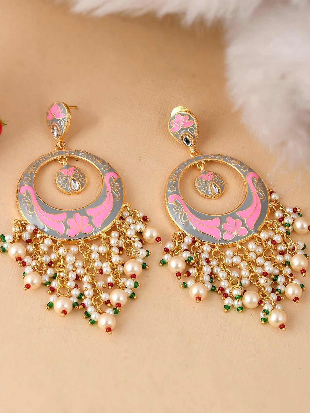 

DASTOOR Gold-Toned & Pink Contemporary Gold-plated Chandbalis Earrings