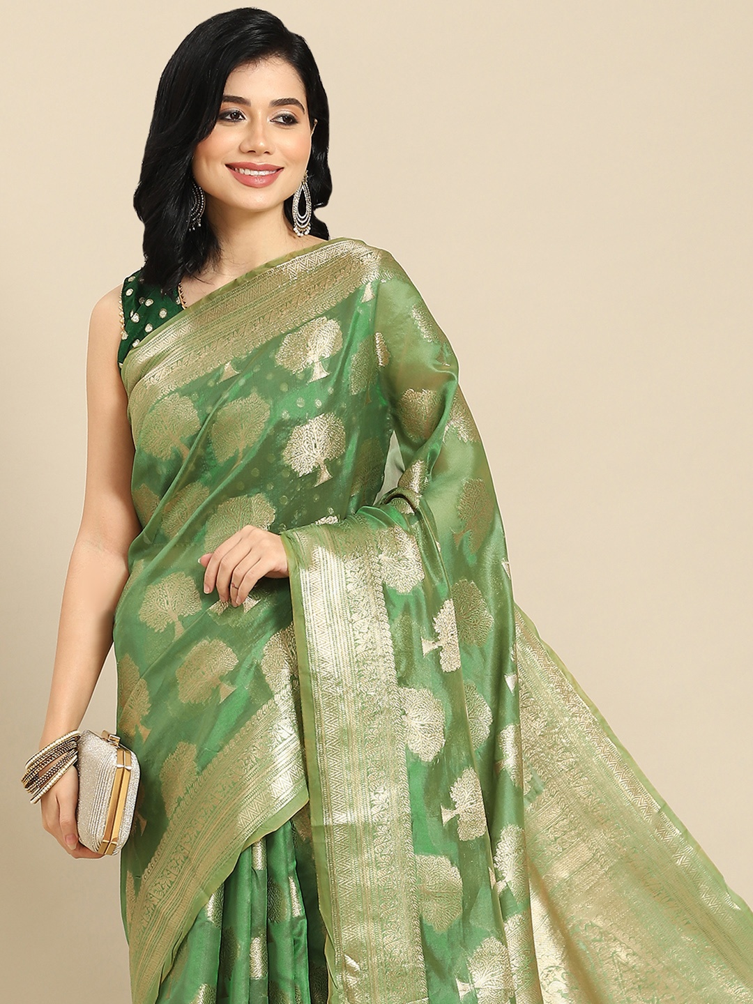 

all about you Green & Golden Woven Design Banarasi Organza Saree