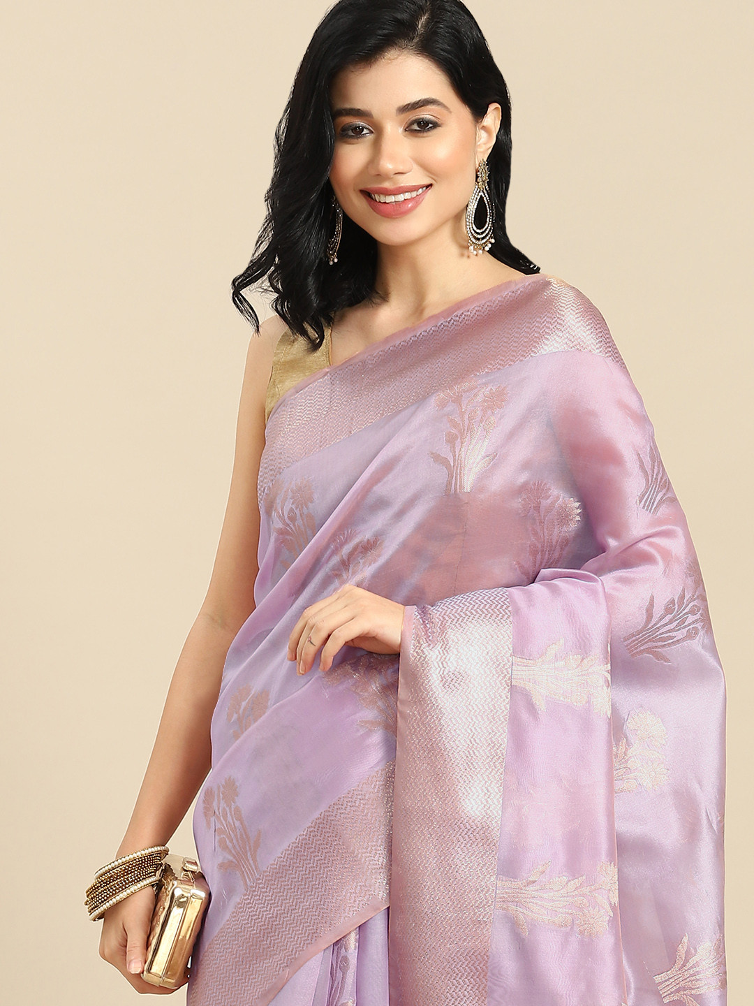 

all about you Lavender & Golden Woven Design Banarasi Organza Saree