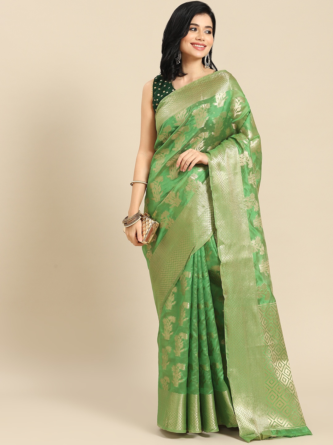 

all about you Green & Golden Woven Design Banarasi Organza Saree