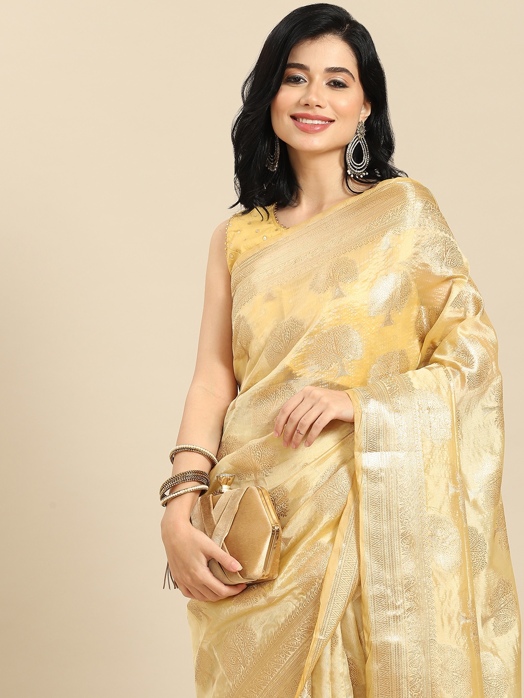 

all about you Beige & Golden Woven Design Banarasi Organza Saree