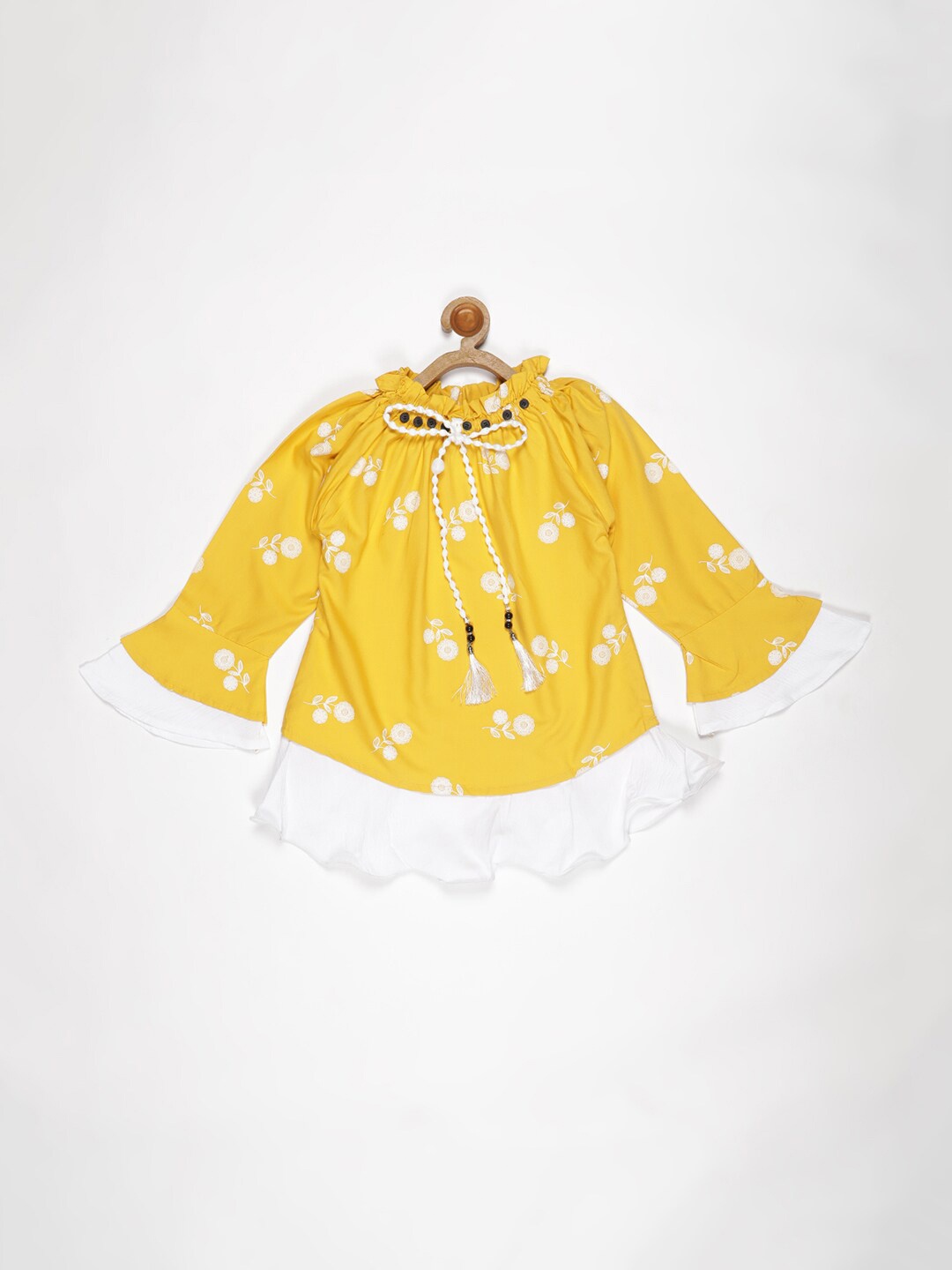 

V2 Value & Variety Teens Mustard Yellow Floral Print Tie-Up Neck Top