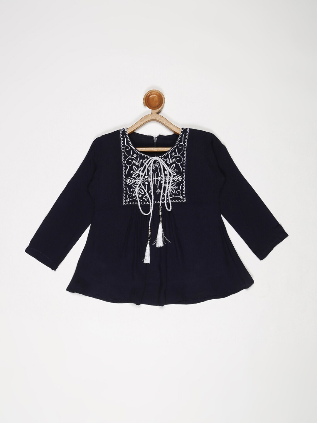 

V2 Value & Variety Navy Blue & White Embroidered Tie-Up Neck Top