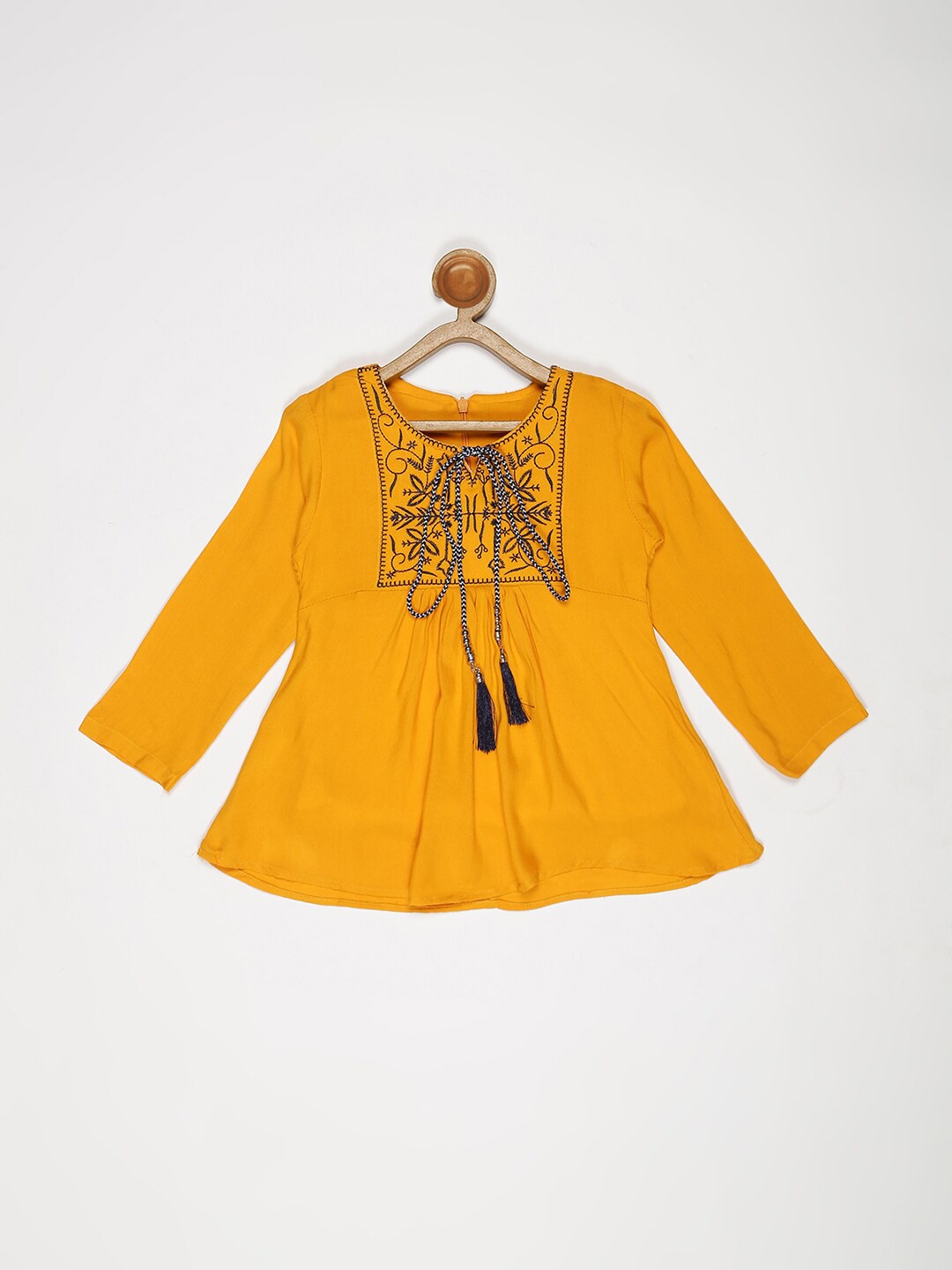 

V2 Value & Variety Mustard Yellow Embroidered Tie-Up Neck Top