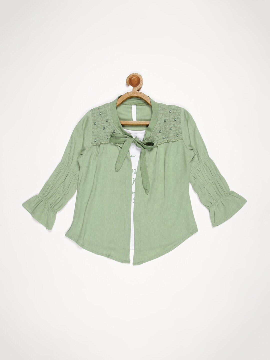 

V2 Value & Variety Women Green Tie-Up Neck Smocked Shirt Style Top
