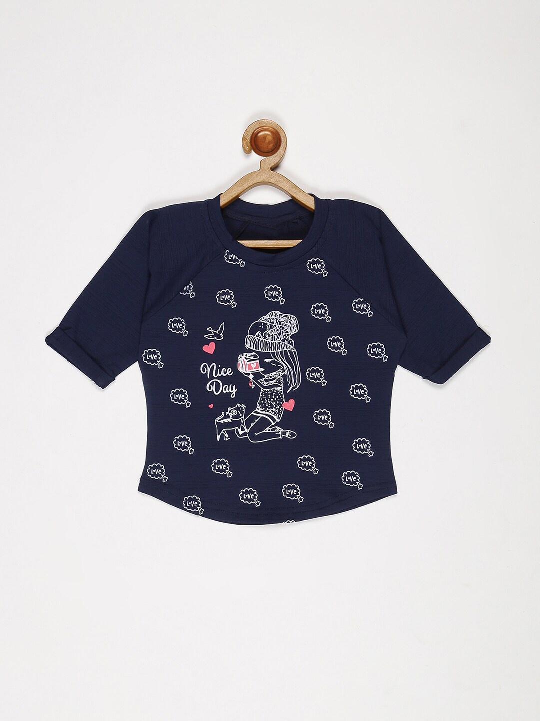 

V2 Value & Variety Girls Navy Blue Printed Cotton Top