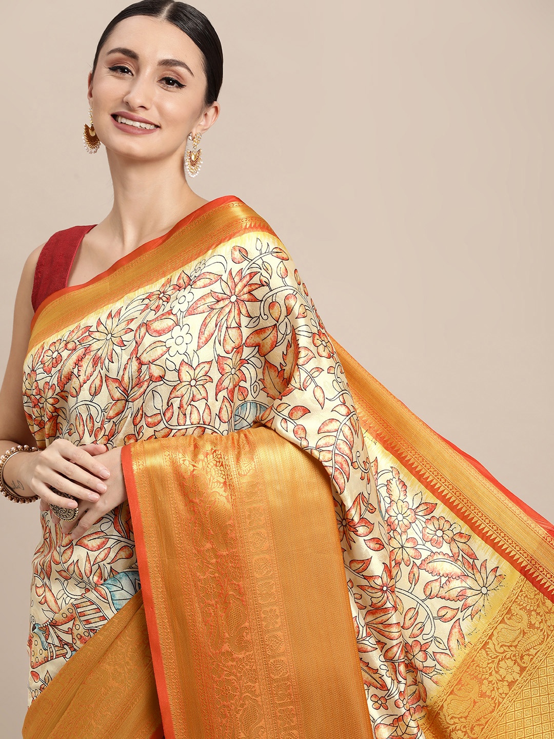 

VASTRANAND Off White & Orange Kalamkari Silk Blend Banarasi Saree