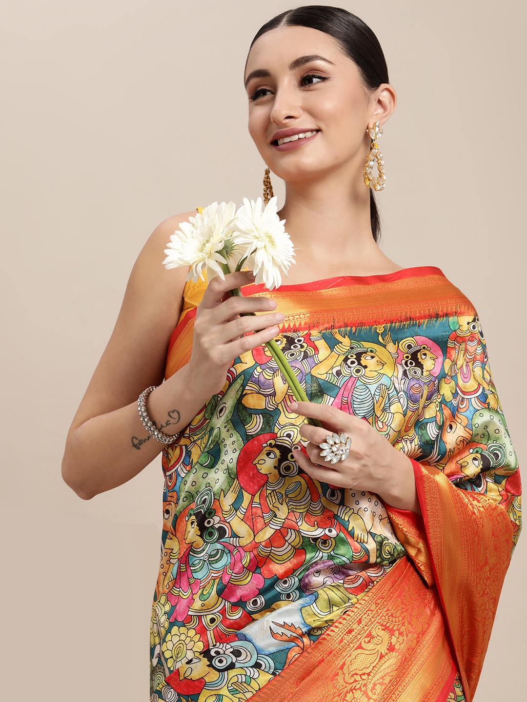 

VASTRANAND Teal Blue & Yellow Kalamkari Silk Blend Banarasi Saree