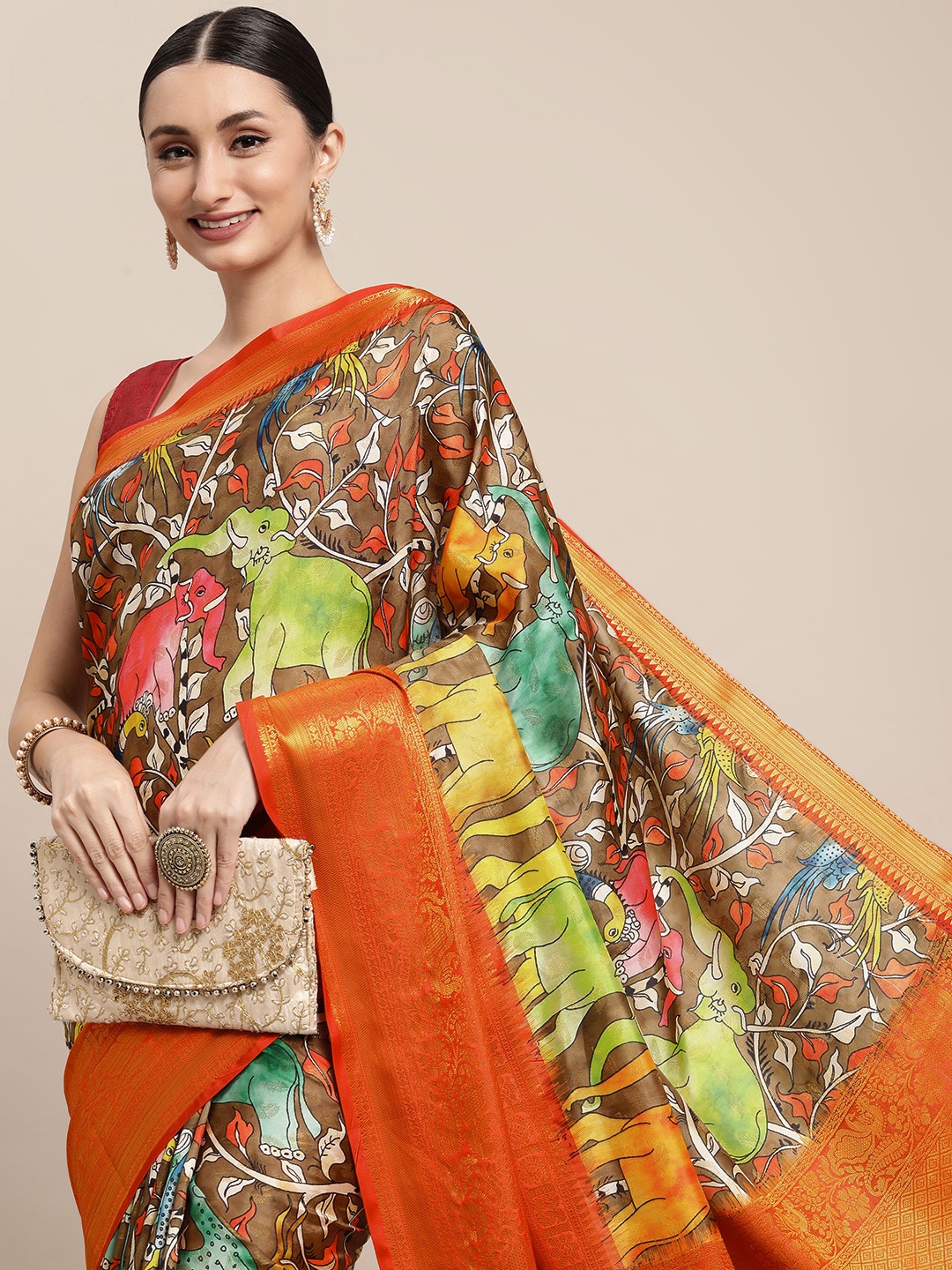 

VASTRANAND Brown & Green Kalamkari Silk Blend Banarasi Saree