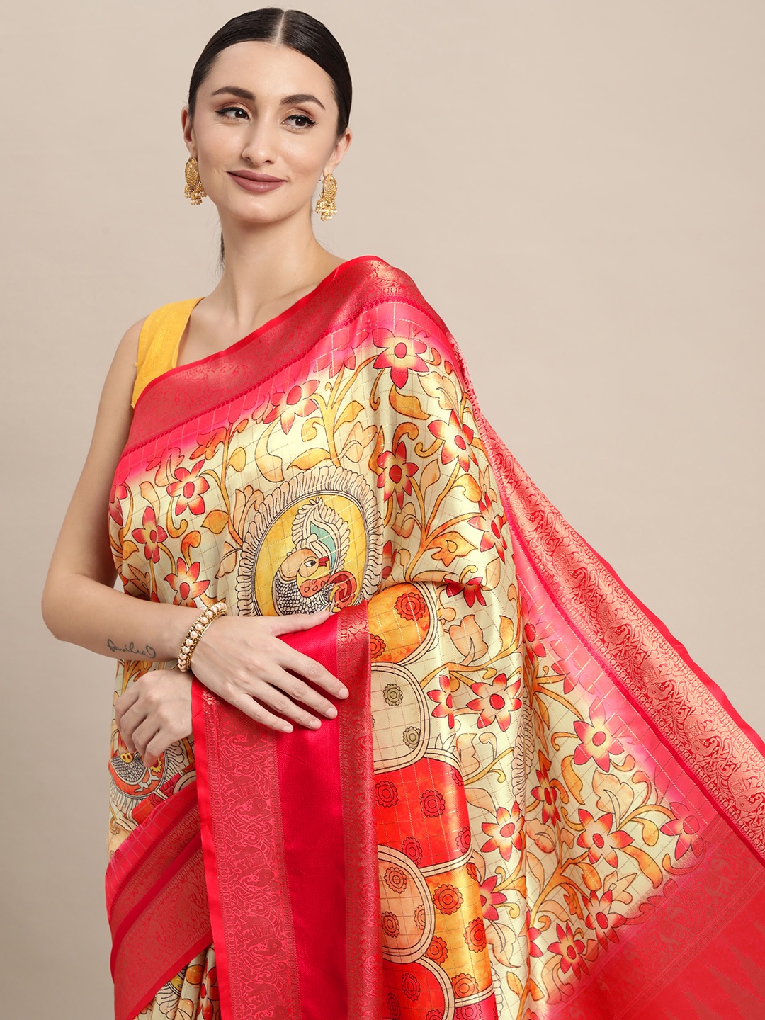 

VASTRANAND Off White & Pink Kalamkari Silk Blend Banarasi Saree