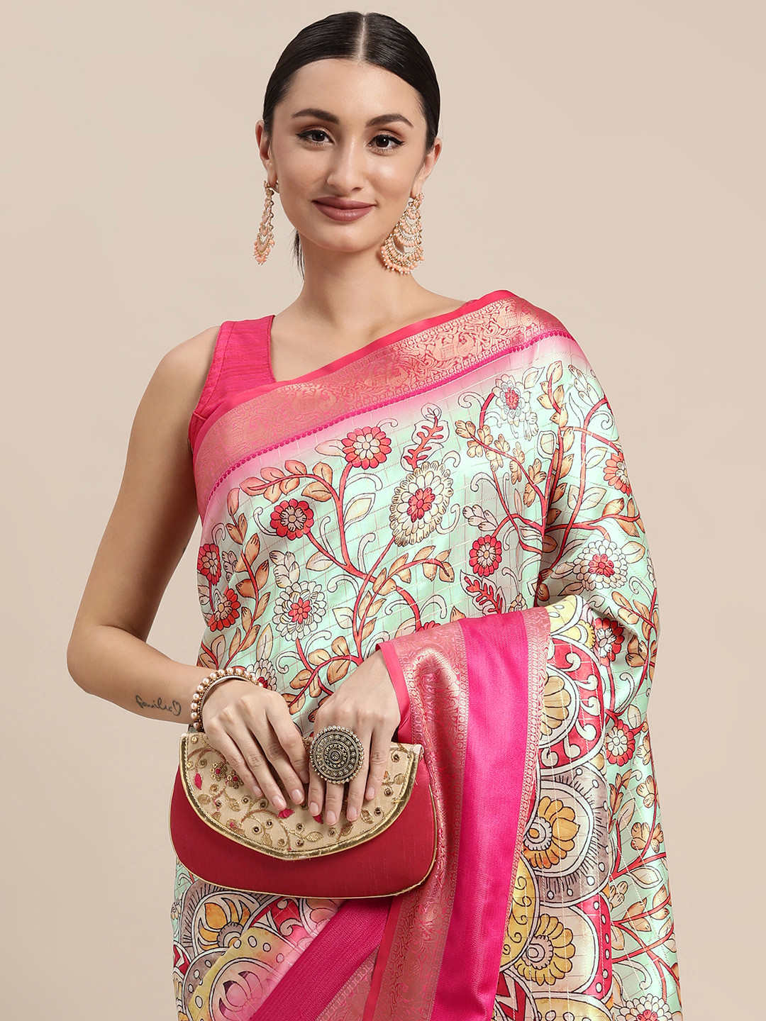 

VASTRANAND Turquoise Blue & Pink Kalamkari Silk Blend Banarasi Saree