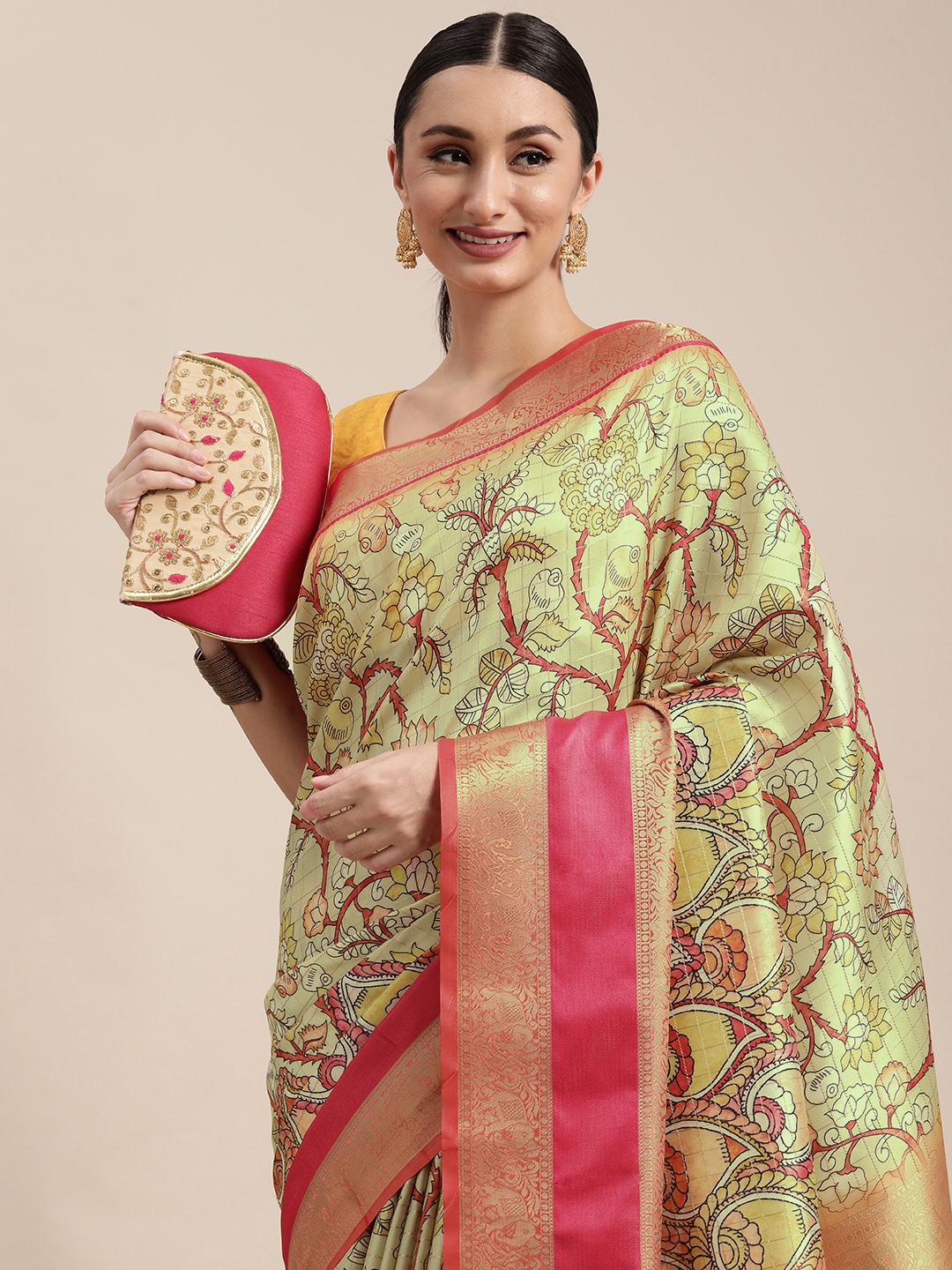 

VASTRANAND Yellow & Pink Kalamkari Silk Blend Banarasi Saree