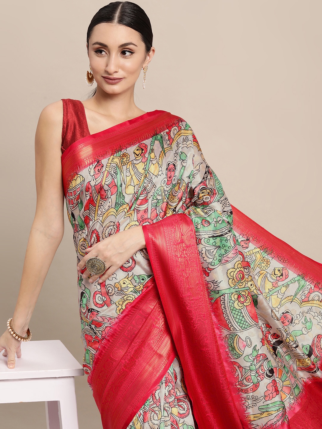 

VASTRANAND Grey & Red Kalamkari Zari Silk Blend Banarasi Saree