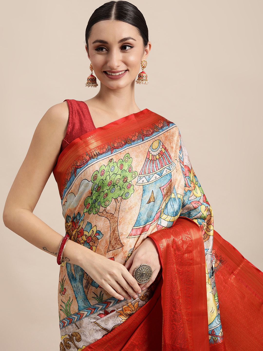

VASTRANAND Grey & Red Kalamkari Zari Silk Blend Banarasi Saree
