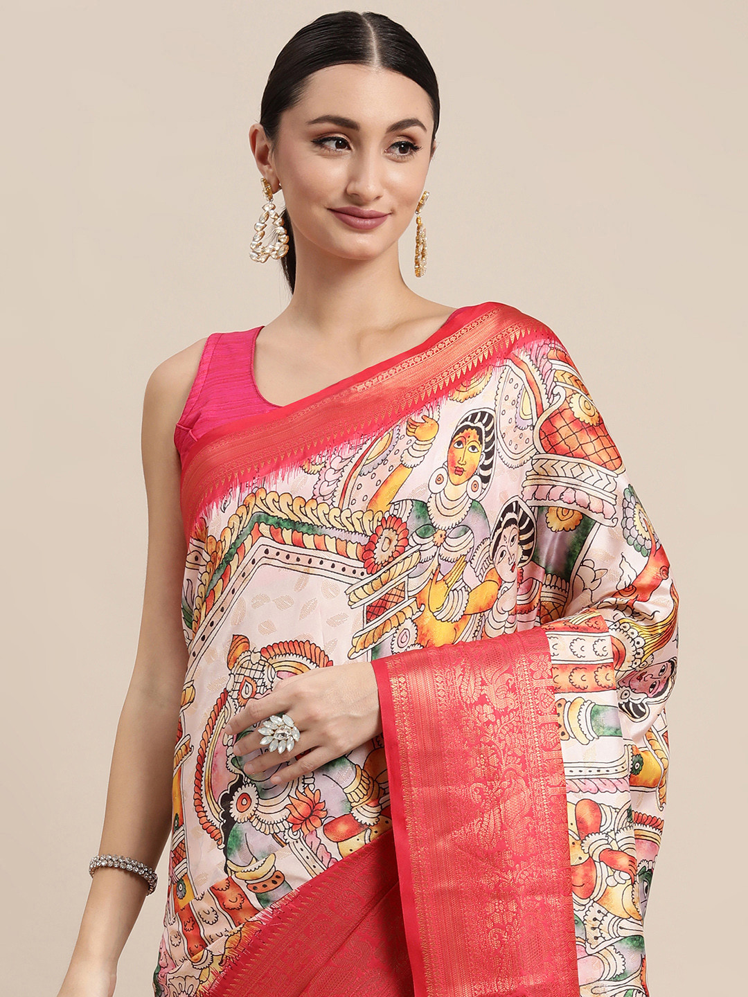 

VASTRANAND Off White & Fuchsia Pink Kalamkari Zari Silk Blend Banarasi Saree