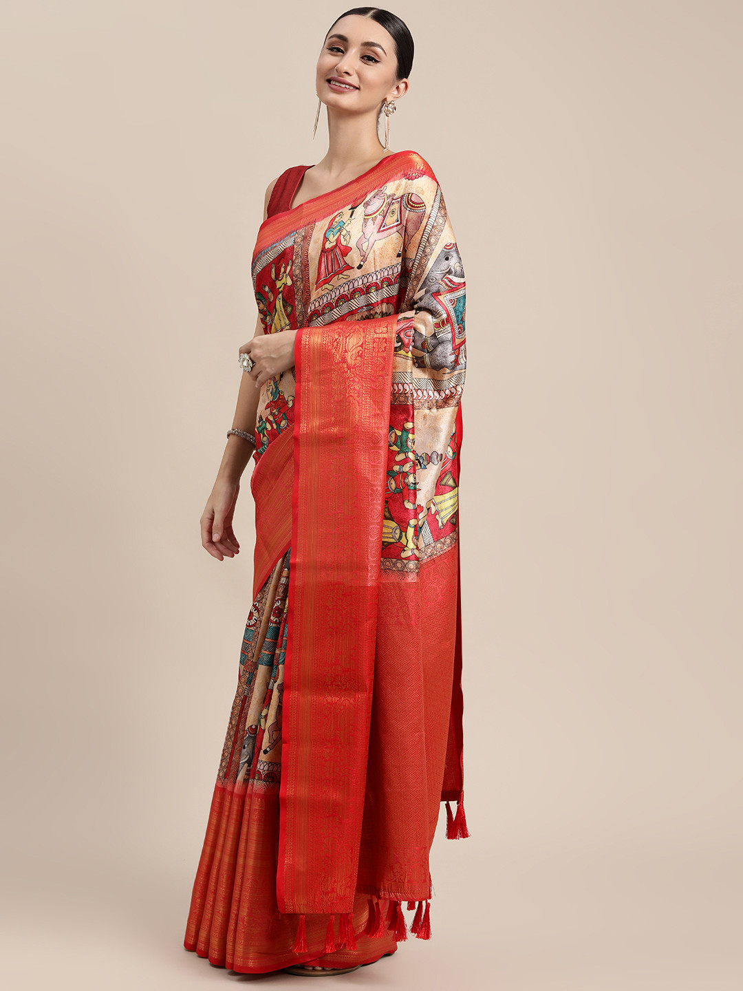 

VASTRANAND Cream-Coloured & Red Kalamkari Zari Silk Blend Banarasi Saree