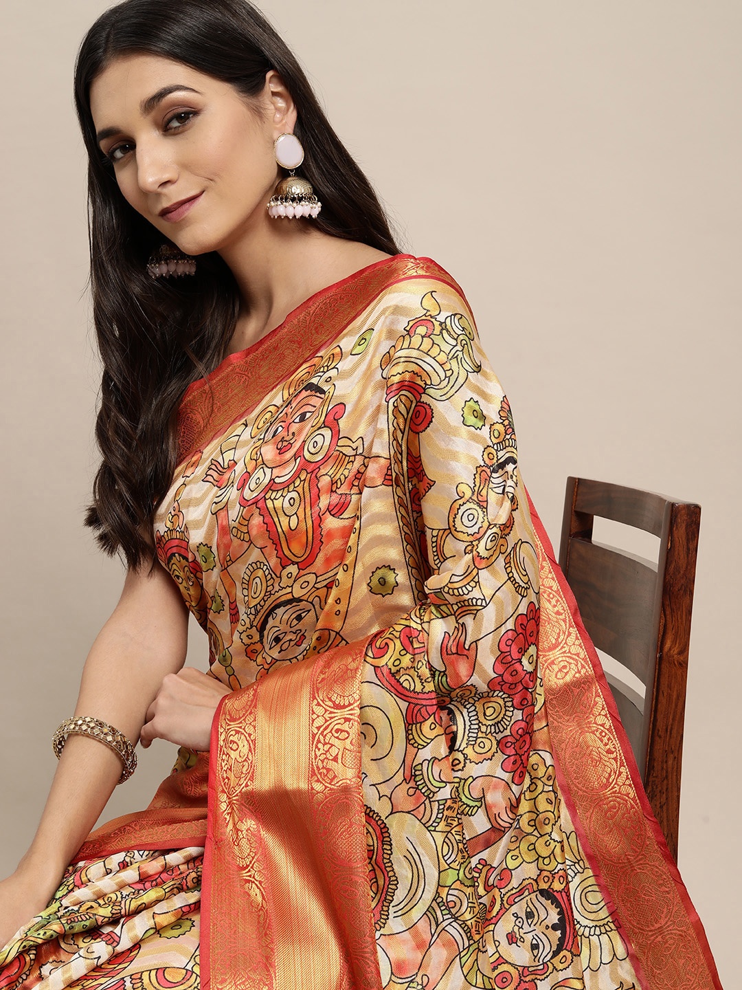 

VASTRANAND Beige & Off White Kalamkari Block Print Saree