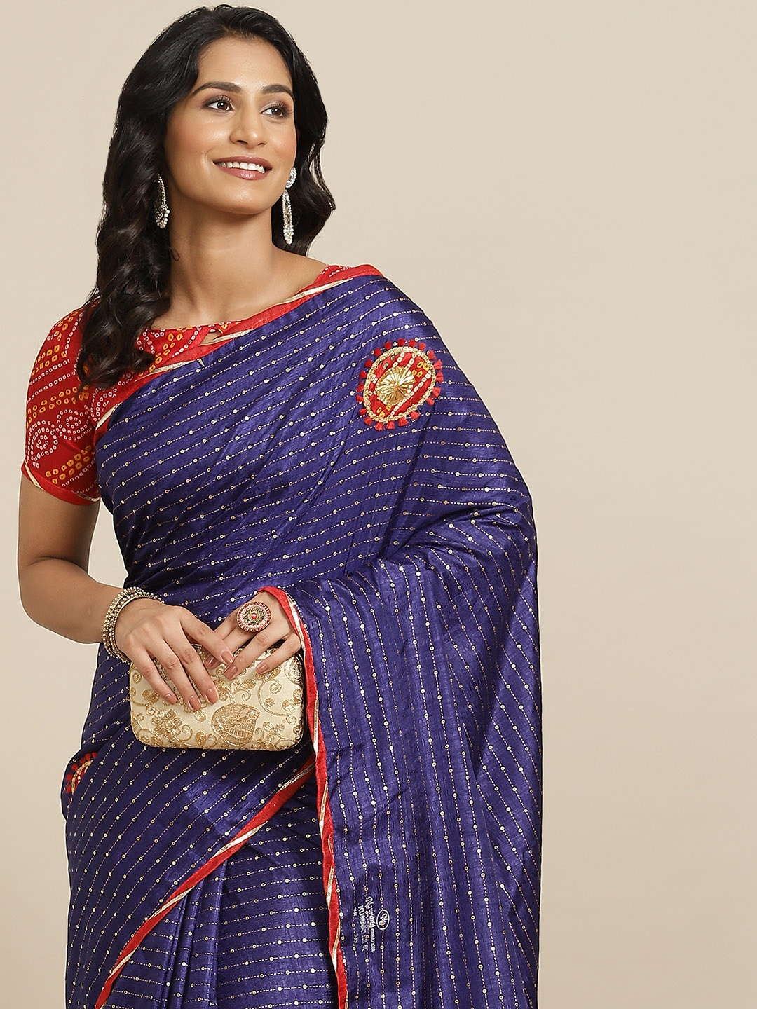 

Mitera Navy Blue Bandhani Gotta Patti Bandhani Saree