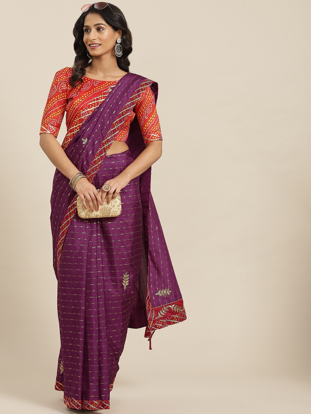 

Mitera Magenta Bandhani Beads and Stones Bandhani Saree