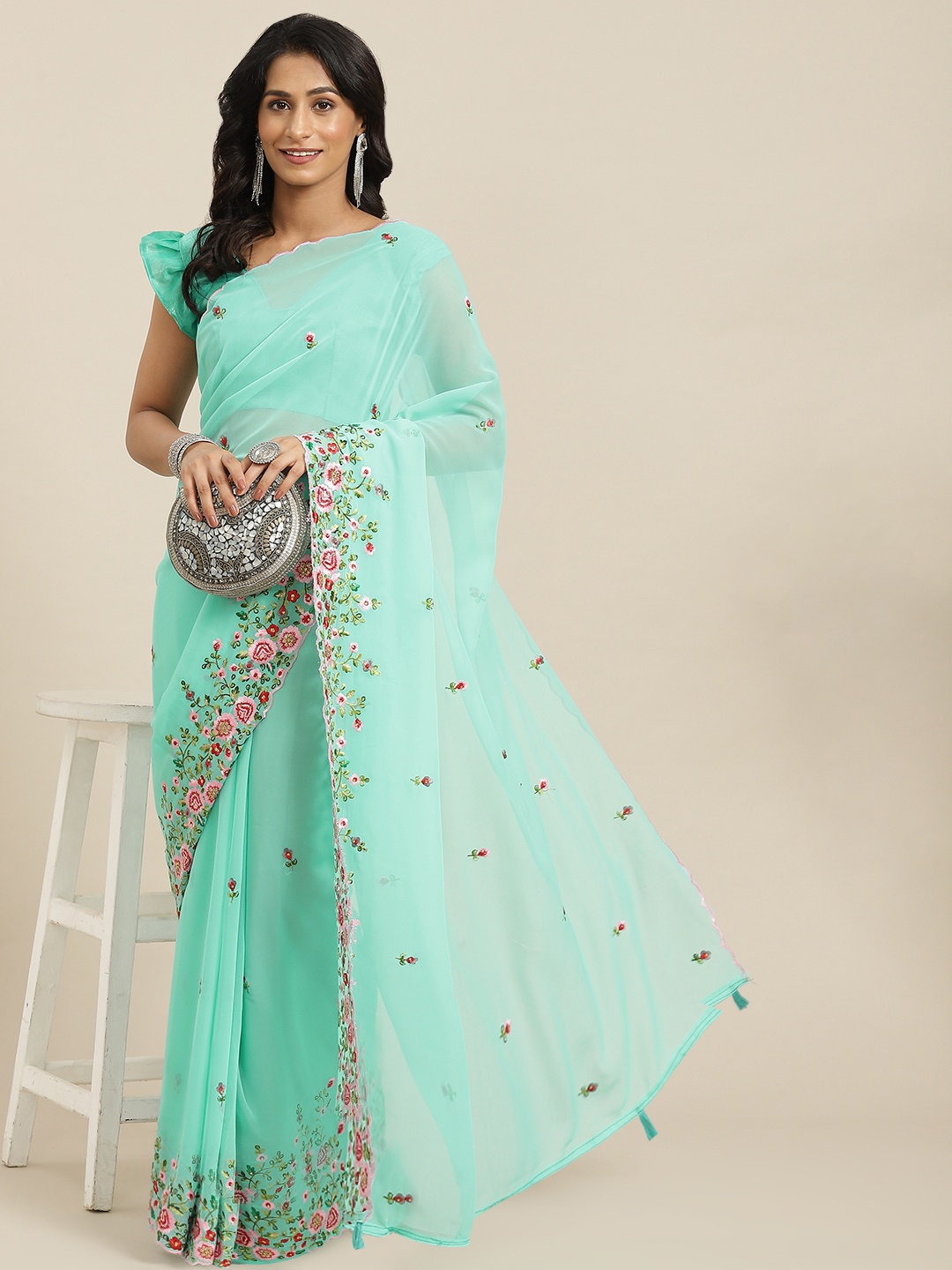 

Mitera Turquoise Blue Floral Beads and Stones Poly Georgette Saree