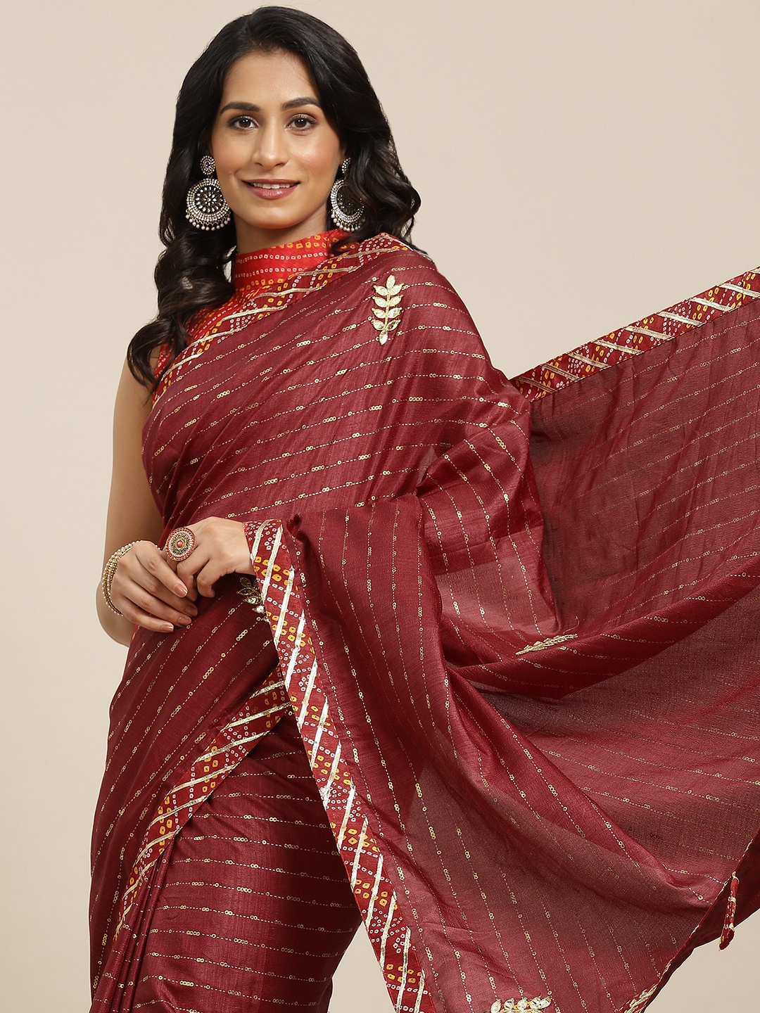 

Mitera Maroon Bandhani Beads and Stones Bandhani Saree