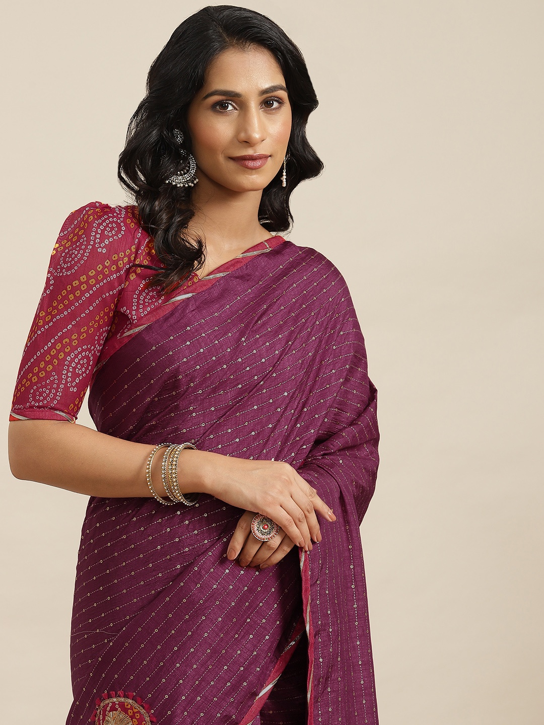 

Mitera Magenta Bandhani Gotta Patti Bandhani Saree