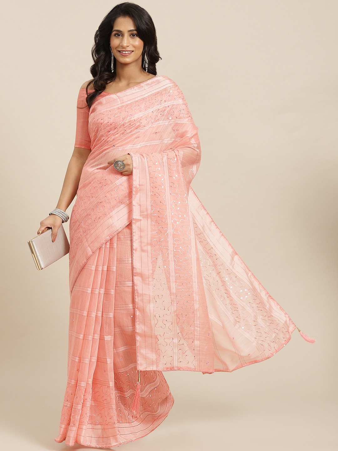 

Mitera Peach-Coloured Sequinned Chanderi Saree