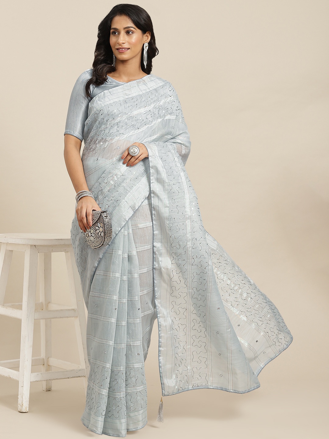 

Mitera Grey Sequinned Chanderi Saree