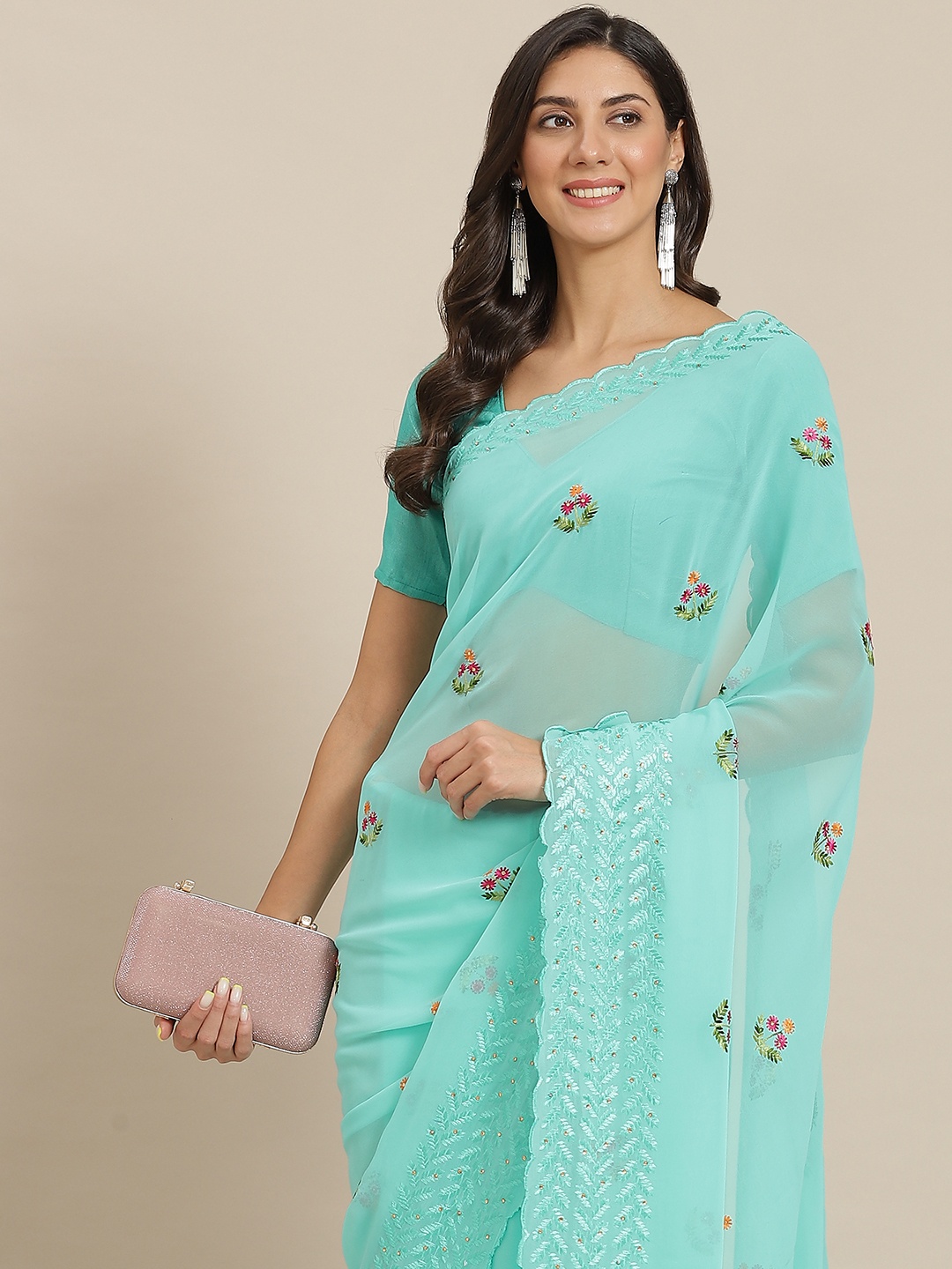 

Mitera Blue Floral Beads and Stones Saree