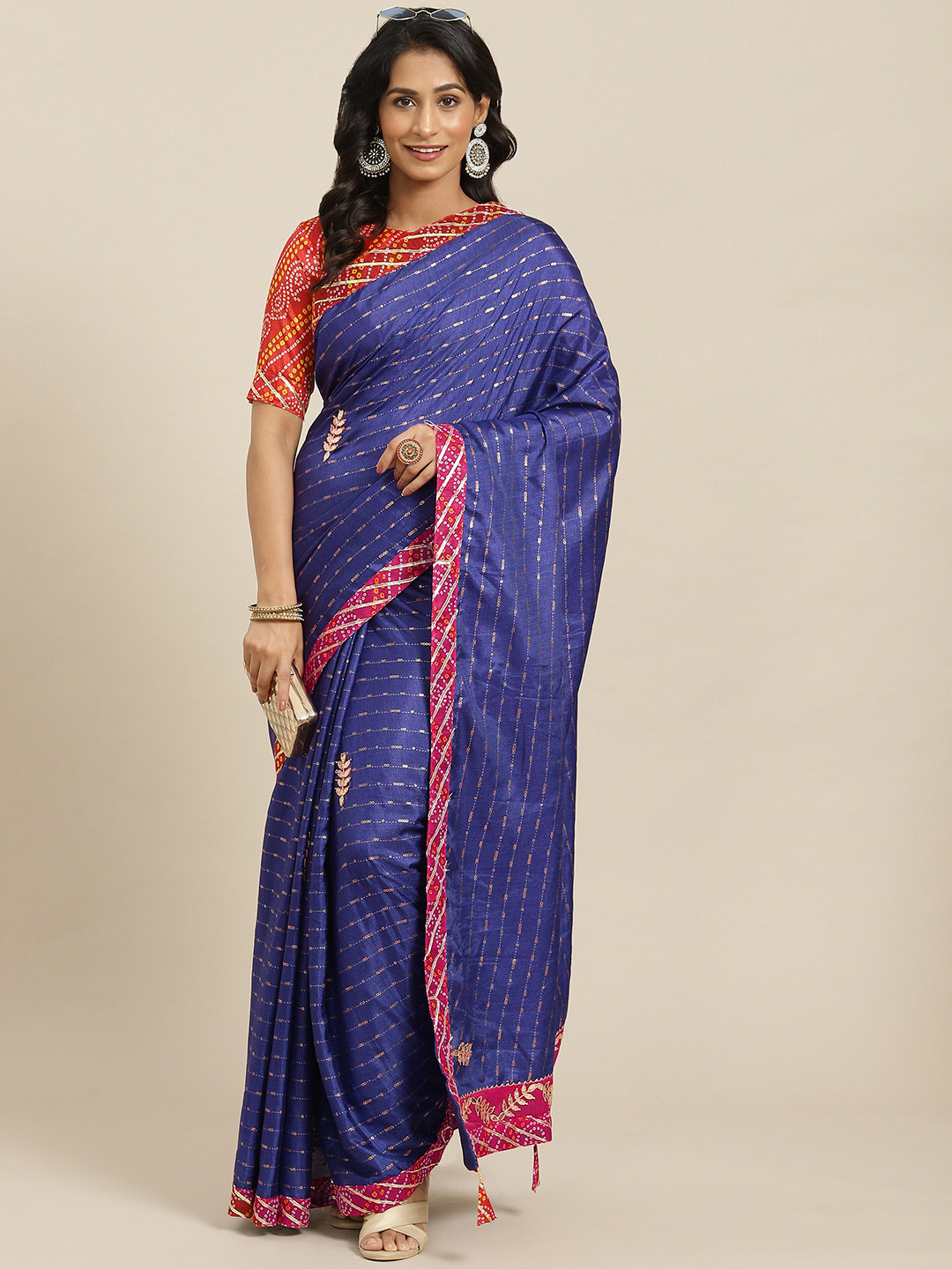 

Mitera Blue Bandhani Beads and Stones Bandhani Saree