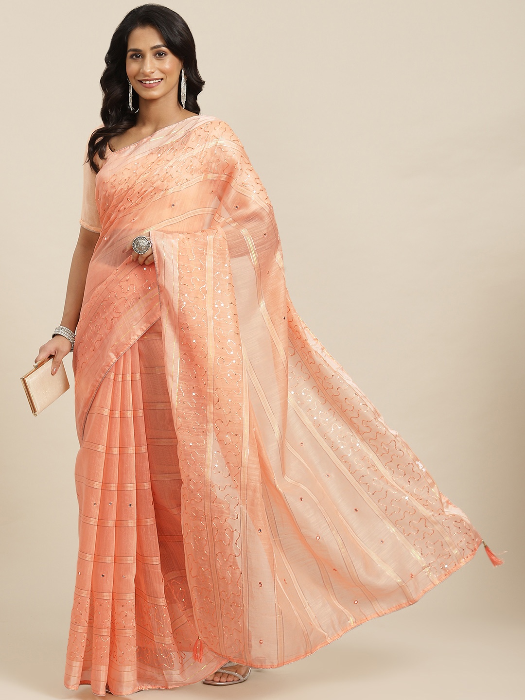 

Mitera Pink Sequinned Chanderi Saree