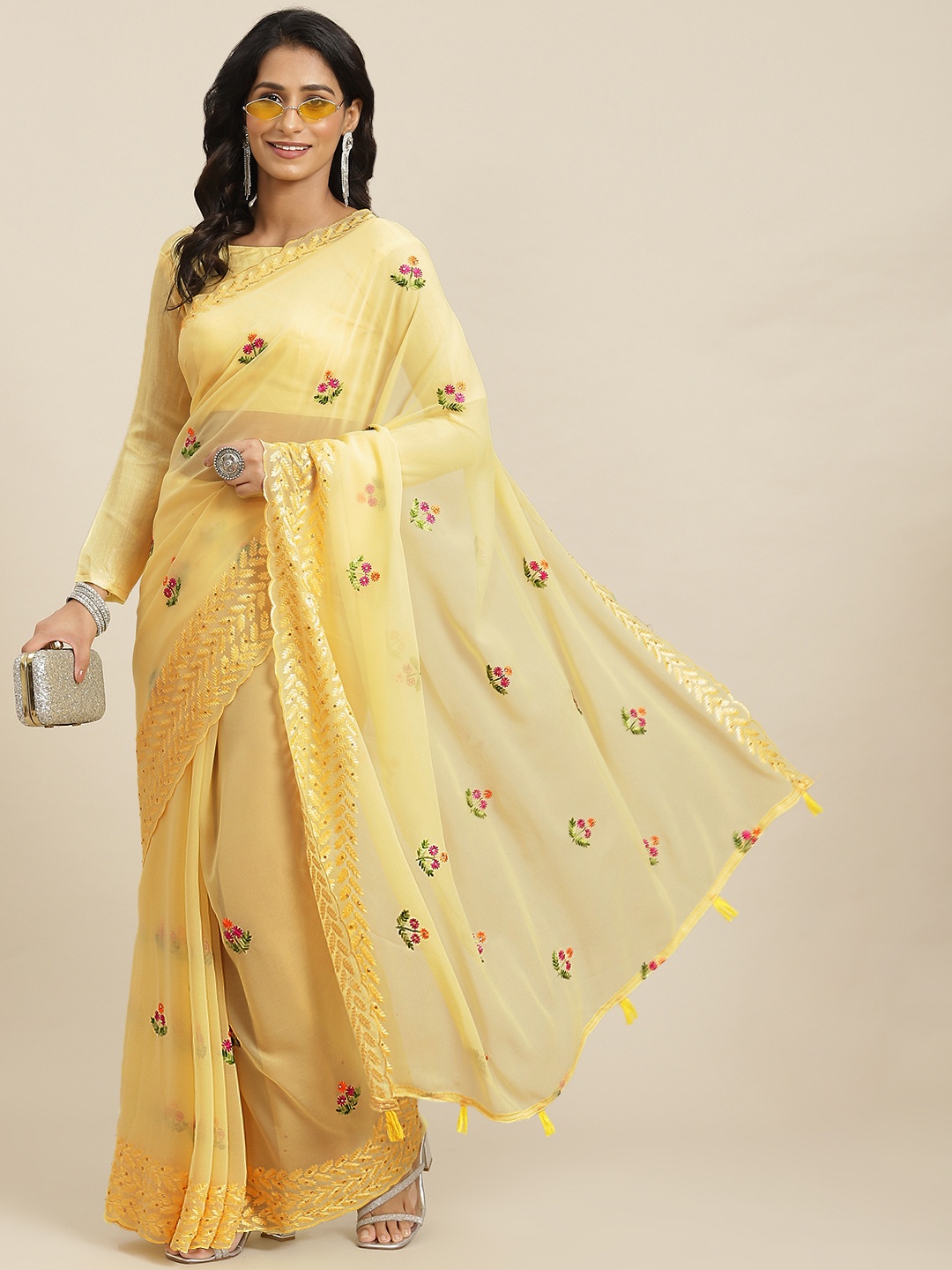 

Mitera Yellow Floral Beads and Stones Poly Georgette Saree