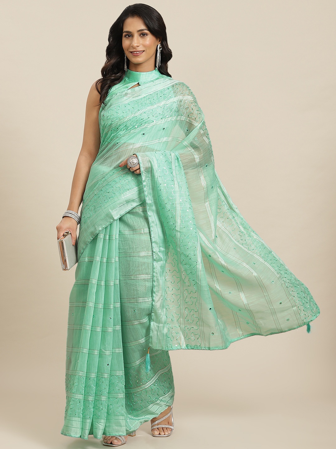 

Mitera Turquoise Blue Sequinned Chanderi Saree