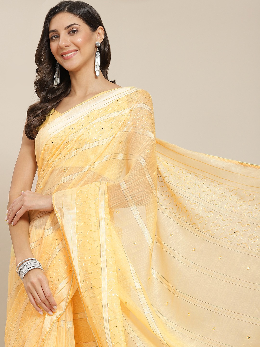 

Mitera Yellow Striped Sequinned Chanderi Saree