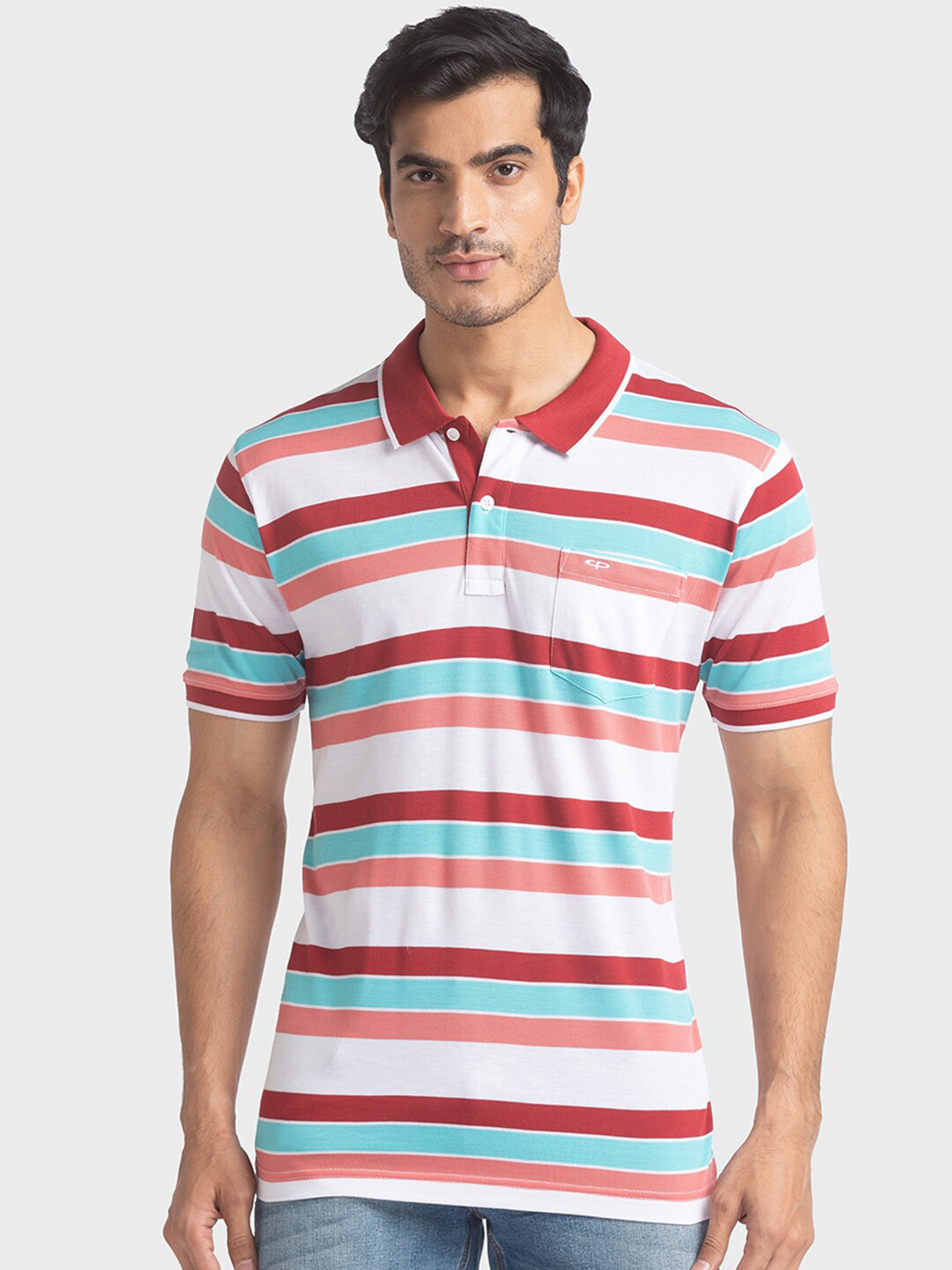 

ColorPlus Men White & Maroon Striped Polo Collar T-shirt
