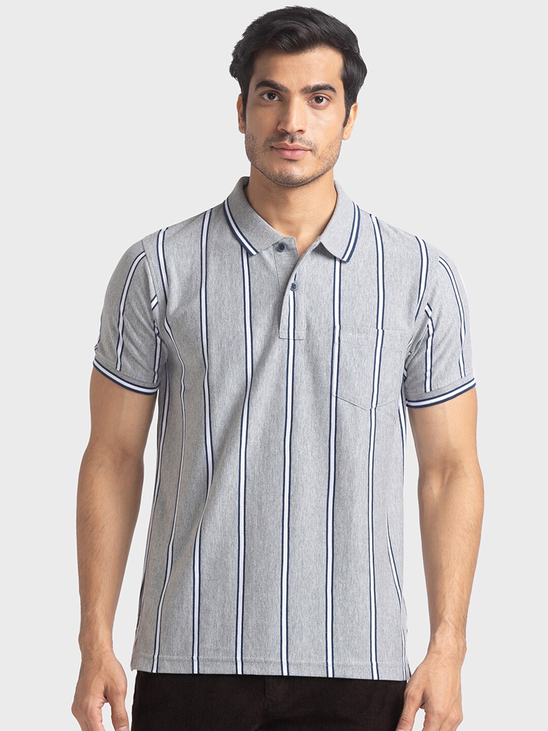 

ColorPlus Men Grey Striped Polo Collar Cotton T-shirt