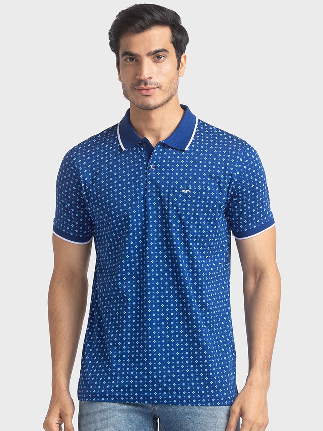 

ColorPlus Men Blue Printed Cotton Polo Collar T-shirt