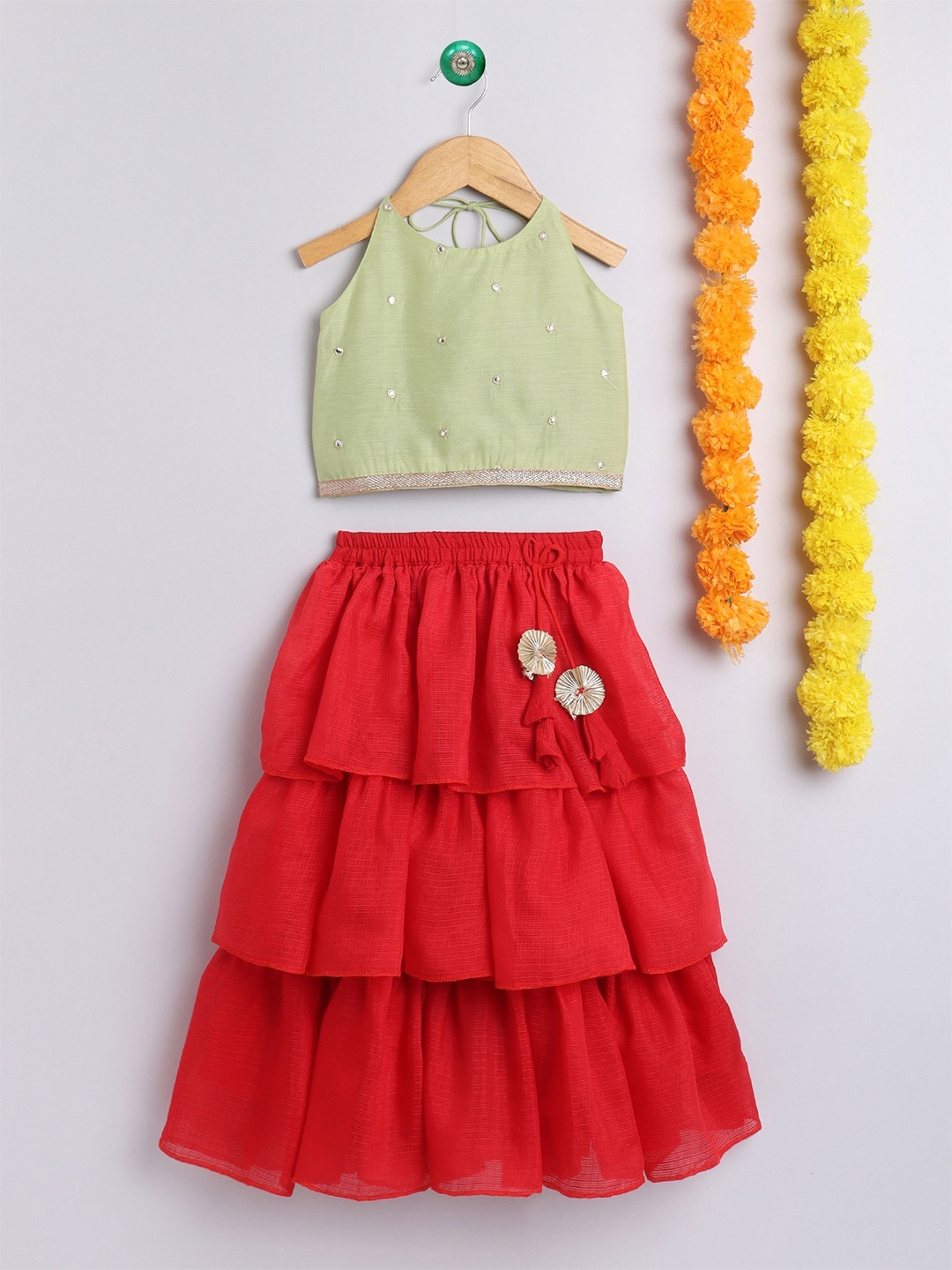 

The Magic Wand Girls Green & Red Embellished Ready to Wear Lehenga &
