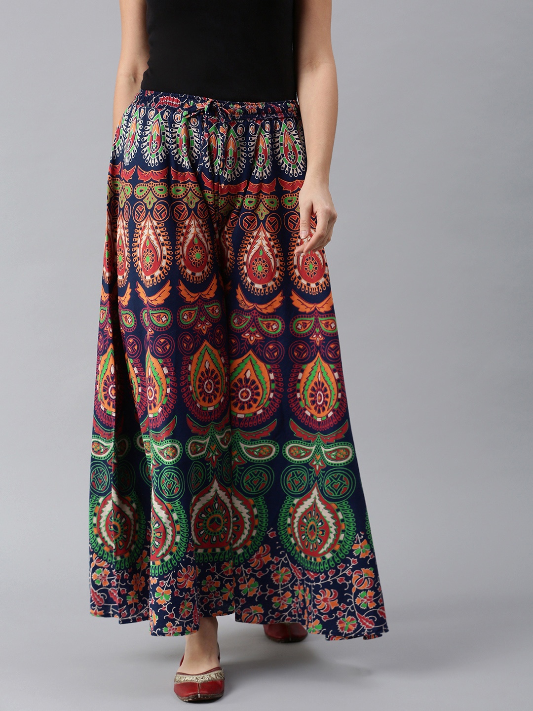 

ROOPWATI FASHION Women Navy Blue & Orange Ethnic Motifs Print Flared Palazzos