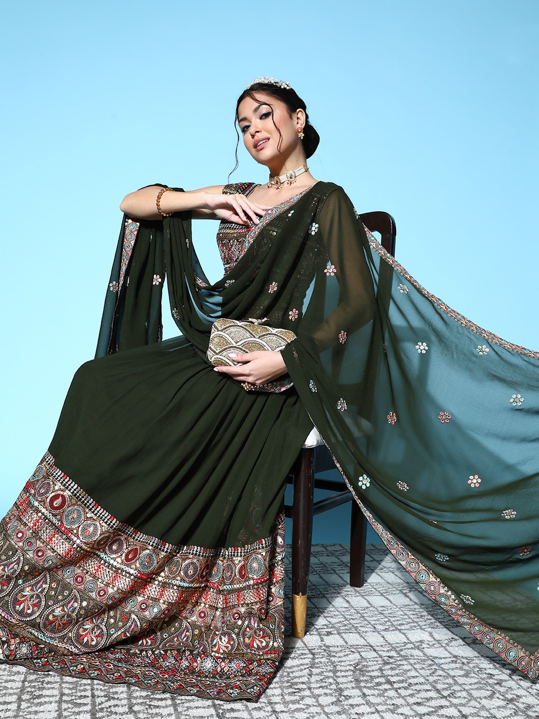 

Kvsfab Green Embroidered Sequinned Ready to Wear Lehenga & Blouse With Dupatta