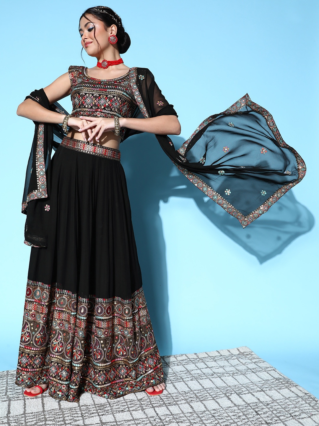 

Kvsfab Black Embroidered Sequinned Ready to Wear Lehenga & Blouse With Dupatta