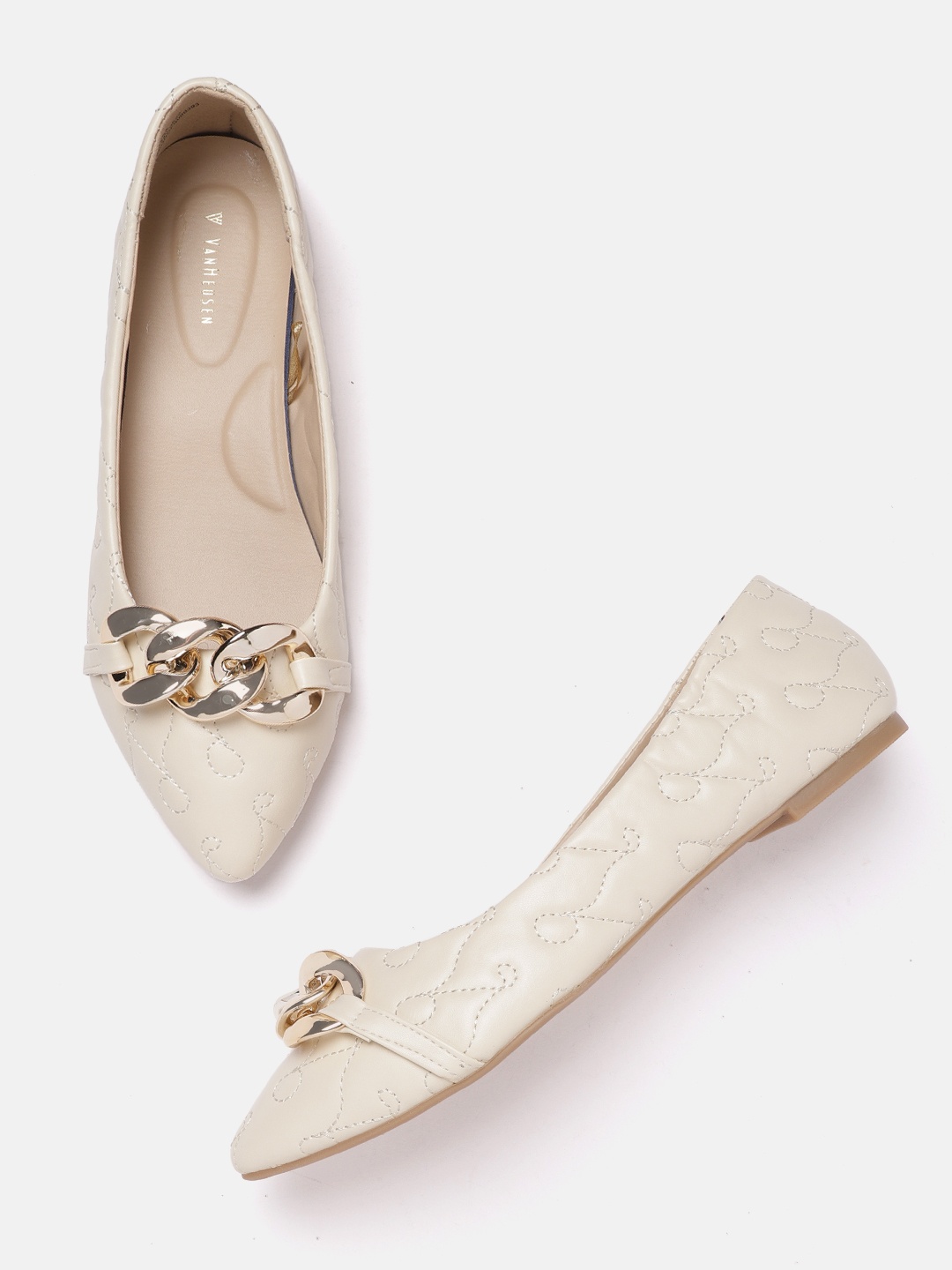 

Van Heusen Woman Beige Solid Pointed Toe Ballerinas with Linked Chain Detail