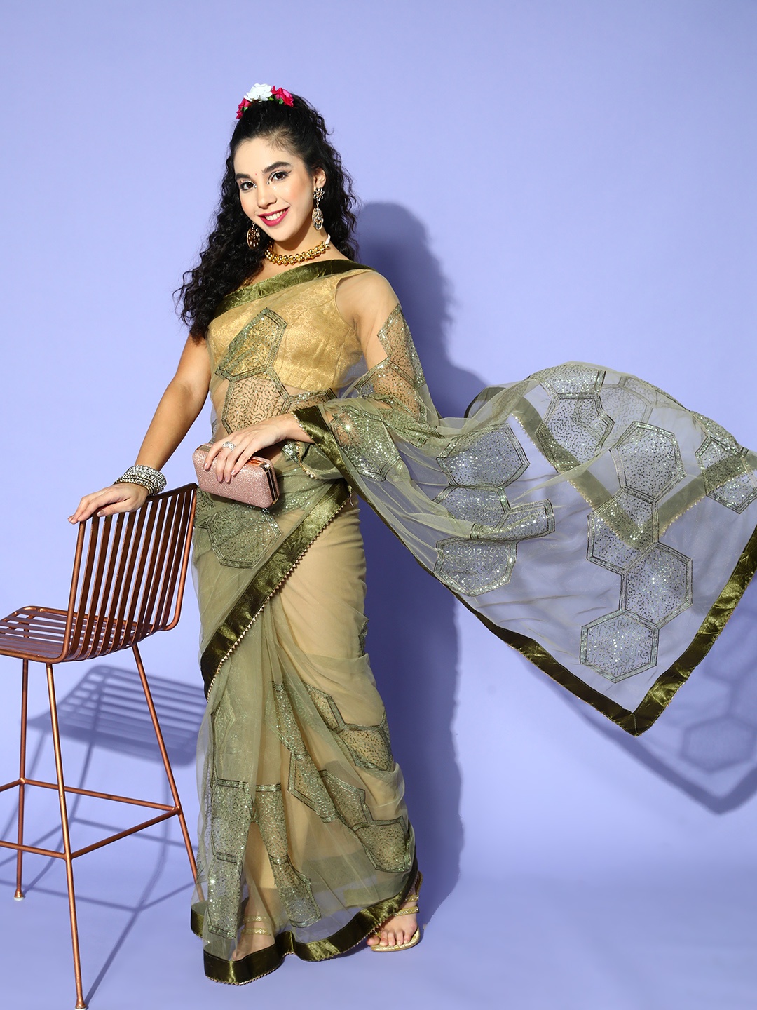 

Tikhi Imli Ethnic Motifs Saree with Solid border, Olive
