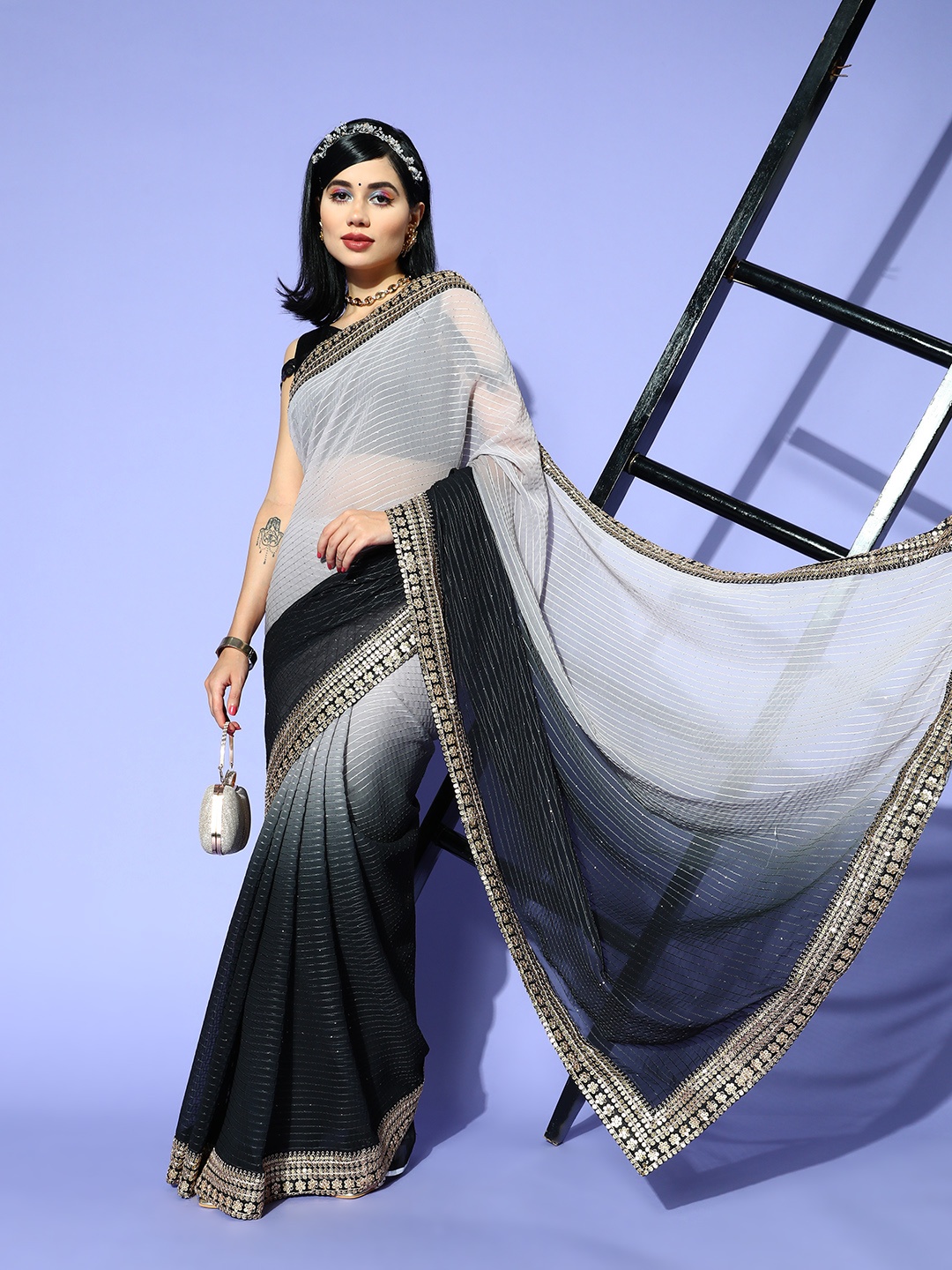 

Tikhi Imli Tie and Dye Saree with Embroidered border, Black