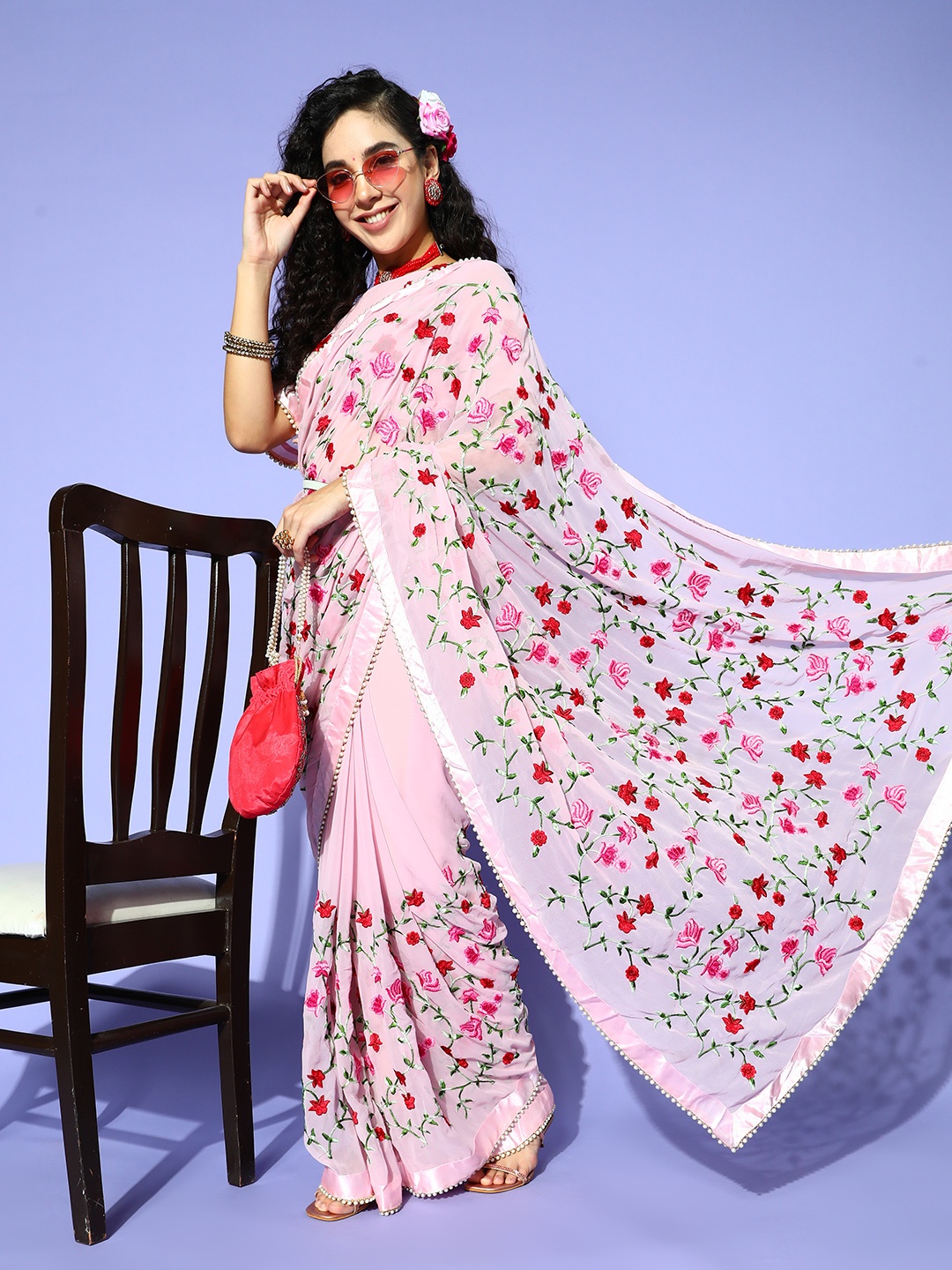 

Tikhi Imli Floral Saree with Woven Design border, Pink